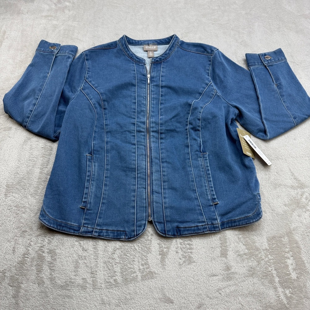 Chico's Denim Jacket Women 2 Blue Zip Front Collarless Secret Pocket Travel Wear